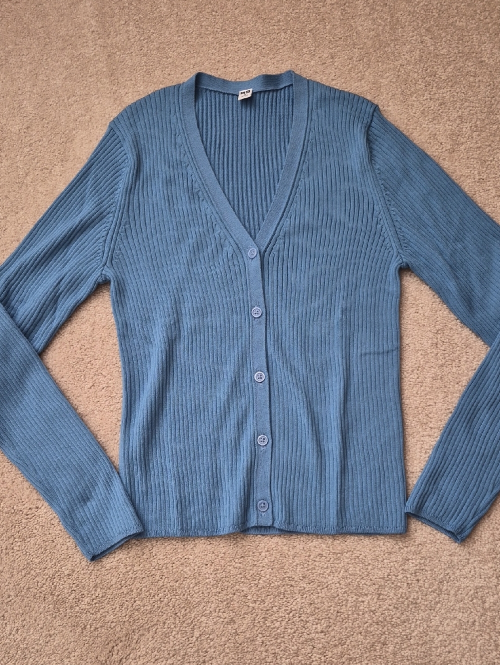 Dusty Blue Ribbed V-Neck Button-Front Cardigan, Size Small